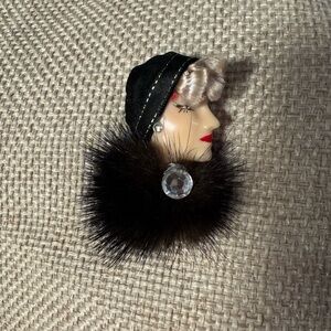 Vintage Style Brooch with Black Fur and Crystal Accent
